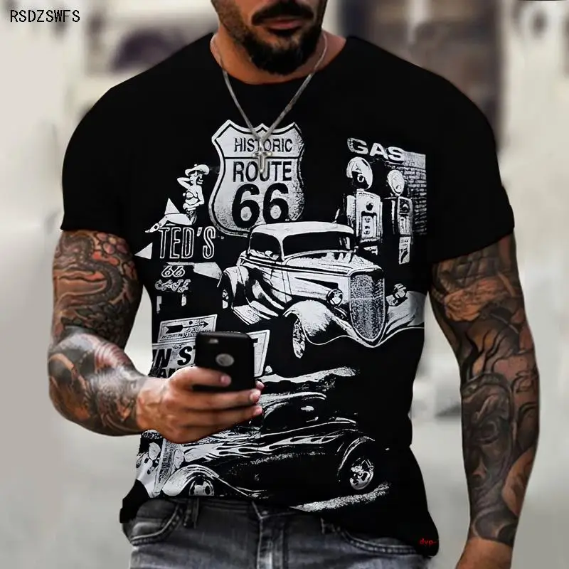 

Brand Men's Shirts Exclusive Design Route 66 Humorous And Fun Fashionable Round Neck Tops 3D Printing Oversized 5XL