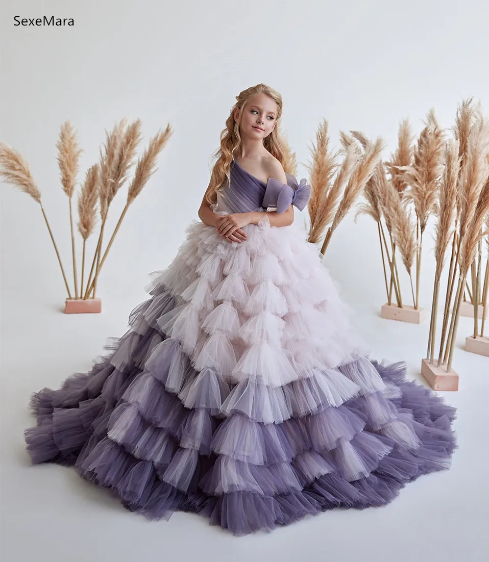 

New Arrival Ball Gown for Girls Pageant Gown Tiered Tulle One Shoulder Long Flower Girl Dress Children Wedding Party Gown