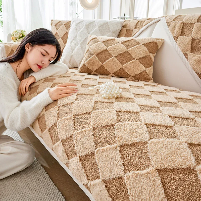 

Modern Simple 3D Plaid Sofa Cover, Faux Rabbit Velvet Mat, Non-Slip Couch Cover for Living Room, Towel Cushion, Xmas Decor