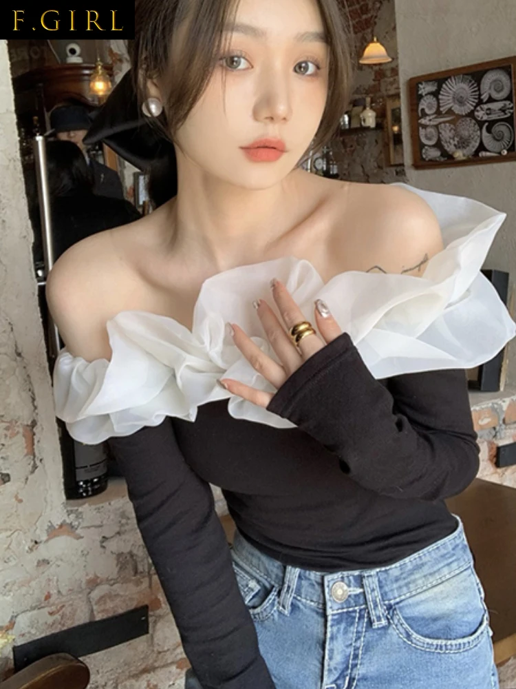 F GIRLS    Sexy Ruffle Off Shoulder Long Sleeve T Shirts Women Korean  Elegant Slim Tops 2022 Vintage Y2k Tee Clothing
