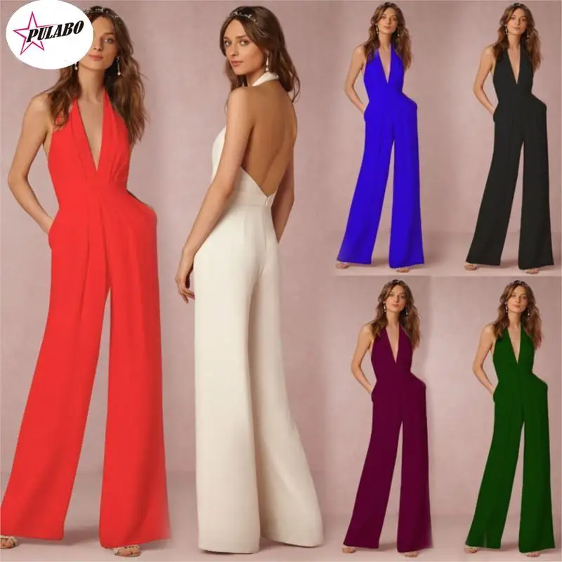 

Fashion Women's Jumpsuits Summer Casual Solid Sleeveless V-Neck Slim Linen Lace Up Long Jumpsuit