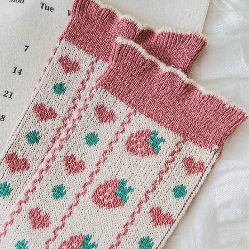 6 Pairs Fruit Embroidery Women Socks Cute Cartoon Animals Winter Long Socks Japanese Fashion Cotton Socks Street Style Luxury