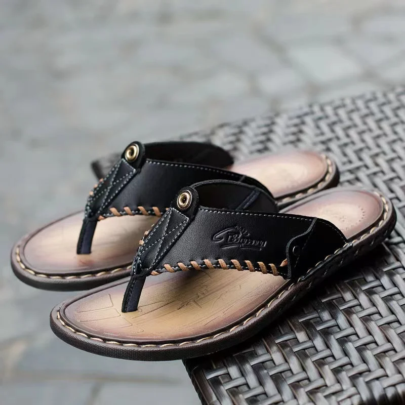 

WEH 2022 New Luxury Brand Handmade Genuine Leather Shoes Men Casual Shoes Beach Flip Flops Sneakers Summer Outdoor Flat Sandals