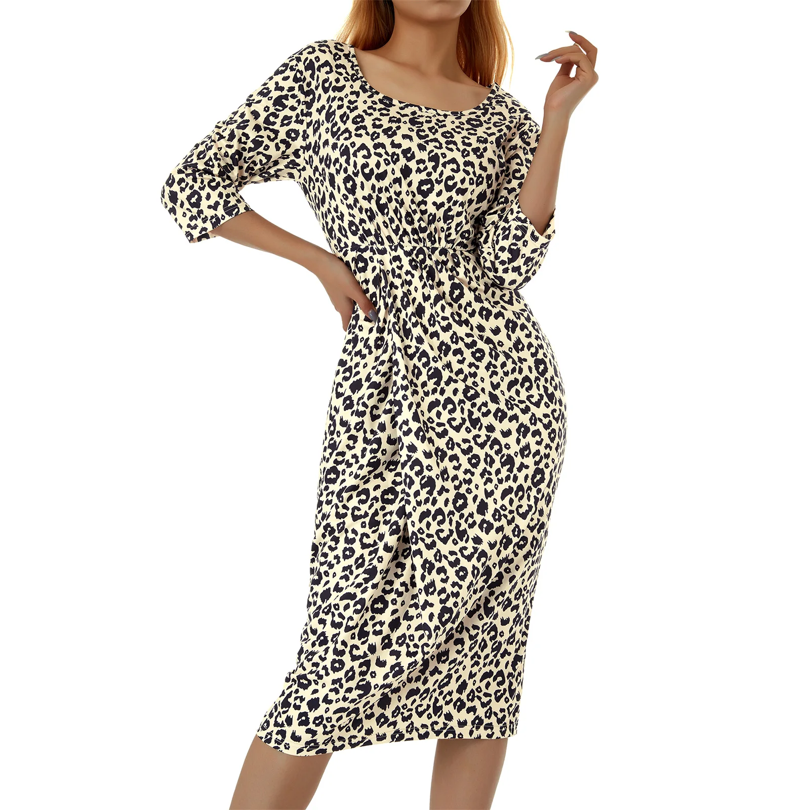 

Women Dress Leopard/Flower/Solid Color Design 3/4 Sleeves Round Neck Casual Breathable Dress