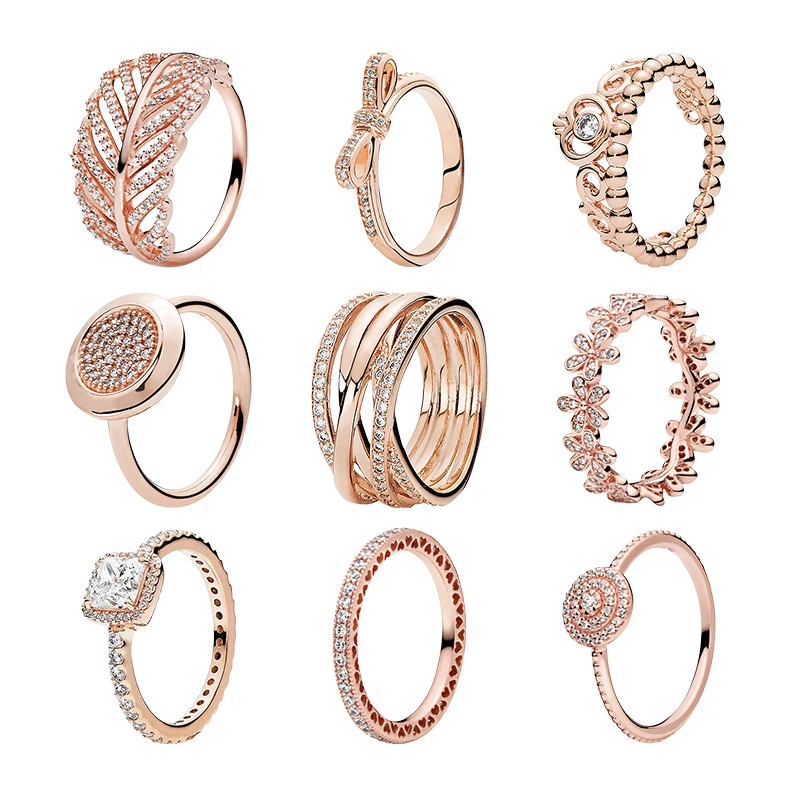 

Rose Gold Bridal Sets Wedding Bands Finger Couple Rings For Women Fine Jewelry Feaather Bow Princess Tiara Daaisy Flower Hearts