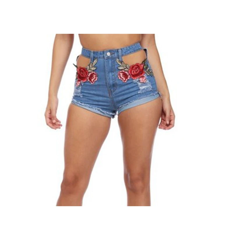 Women's Summer Low Waist Denim Sexy Hollow Rose Embroidery Solid Color Shorts Loose All-Match Streetwear Europe and American