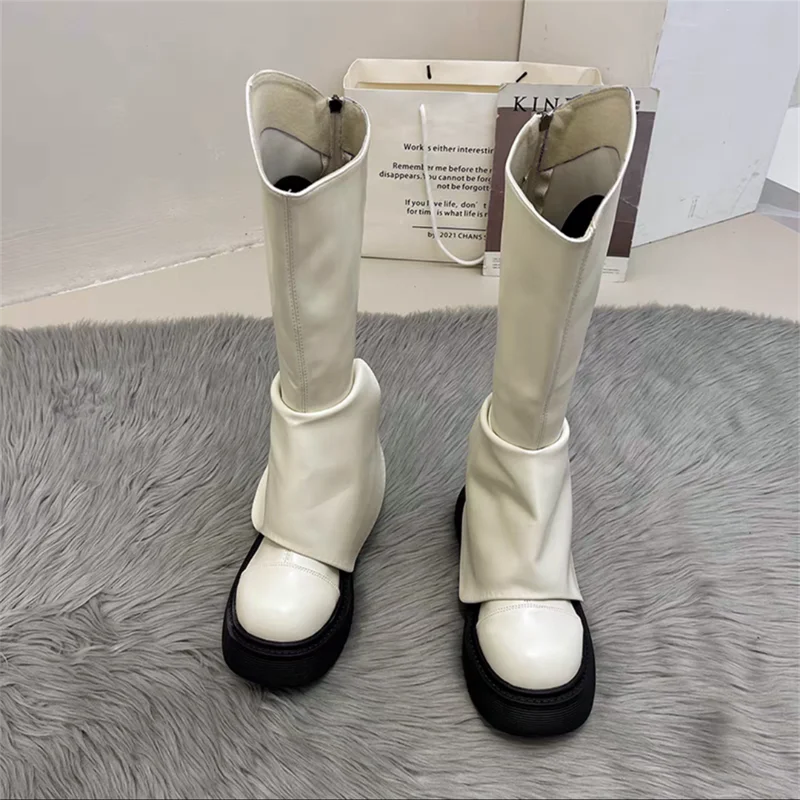 

White Round Toe Platform Back Zipper Keen High Women Boots 2023 Fall/Winter Pleated Design Fashion Shoes Cool Motorcycle Boots