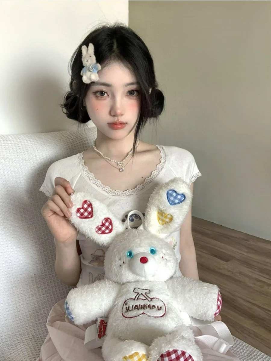 Кружевная кружевная милая футболка с короткими рукавами женская летняя