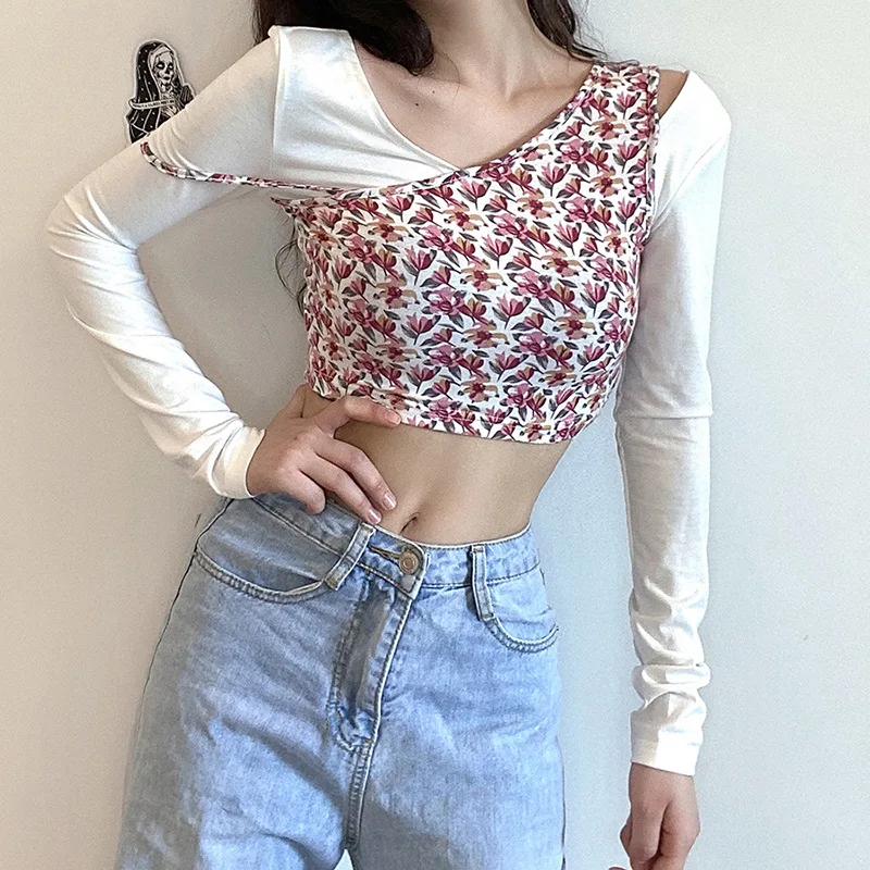 

2021 New Autumn Casual Chic Partysu Long Sleeve Skinny Tshirt Mujer Fashion Floral Print Patchwork Hollow Out Crop Top Women