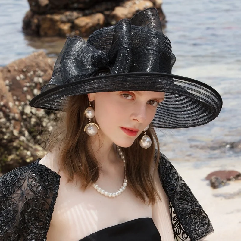 

EE 2022 summer new fashion elegant British style hemp yarn top hat sunshade sunscreen anti UV Hat Women's summer