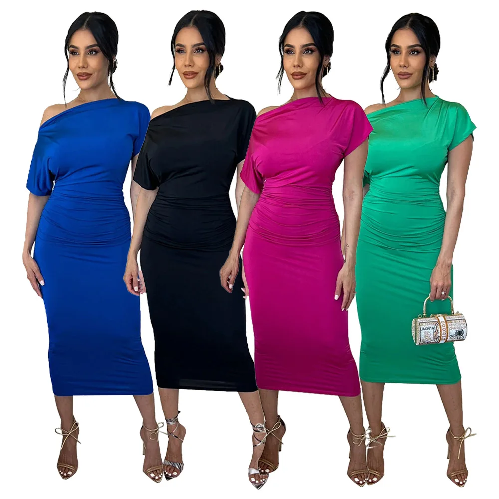 

Summer Fashion Elegant Commuting Diagonal Shoulder Collar Short Sleeve Pleated Solid Color Slim Pencil Hip Wrap Women's Dress