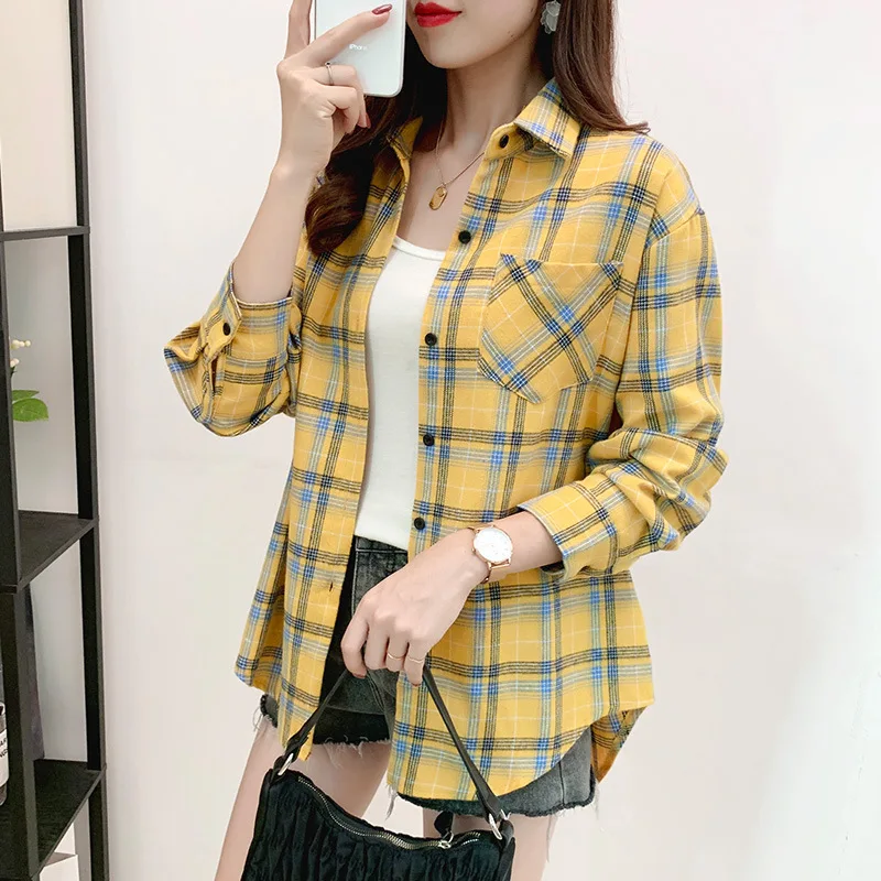Блузка женская свободного кроя в клетку клетчатая хлопковая рубашка с длинным