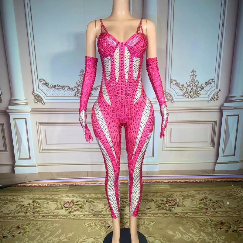 

Sexy Luxurious Full Rhinestones Jumpsuit With Gloves Birthday Prom Club Party Outfit Dancer Rompers Performance Host Stage Wear