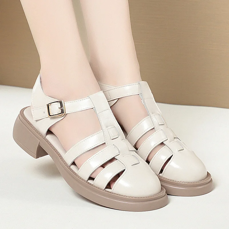 Sandals women's first layer cowhide vintage summer2023new platform pitcher shoes casual Roman non slip women's sandals luxurious