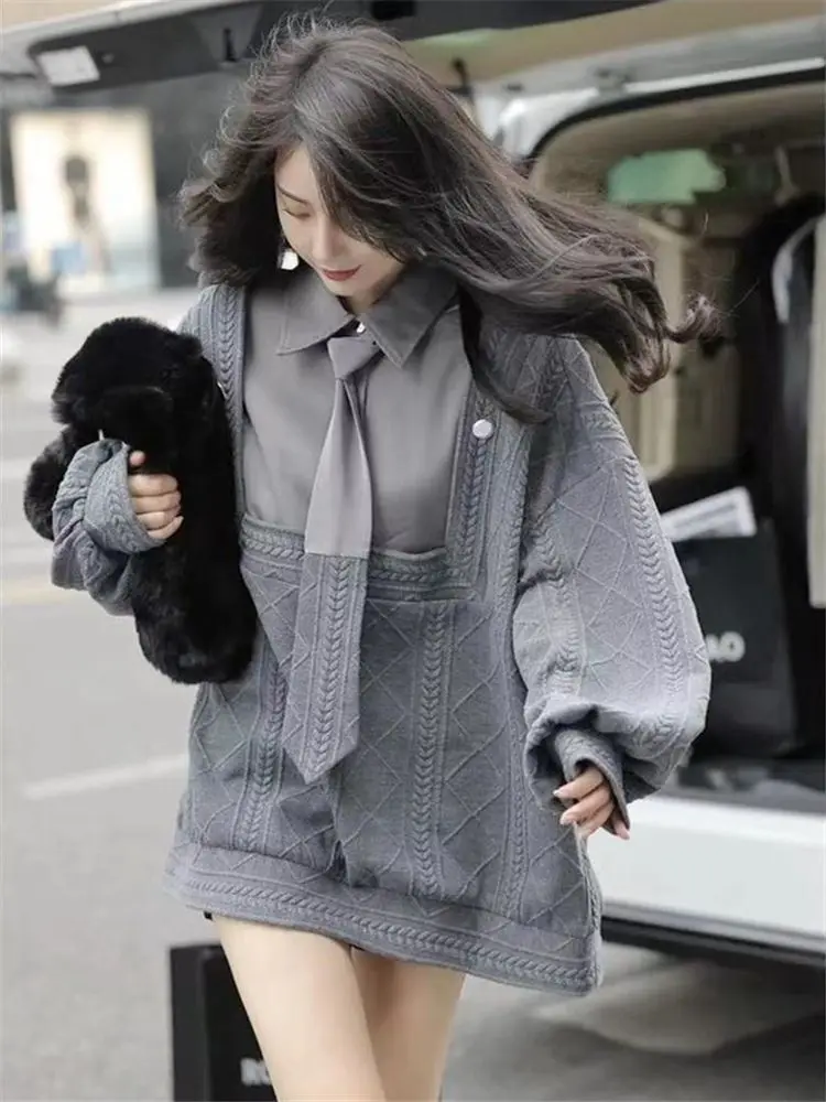 

Fake Two-piece Sportswear Women's Autumn And Winter Fashion Versatile Loose Long Sleeve Lapel Splicing Pullover