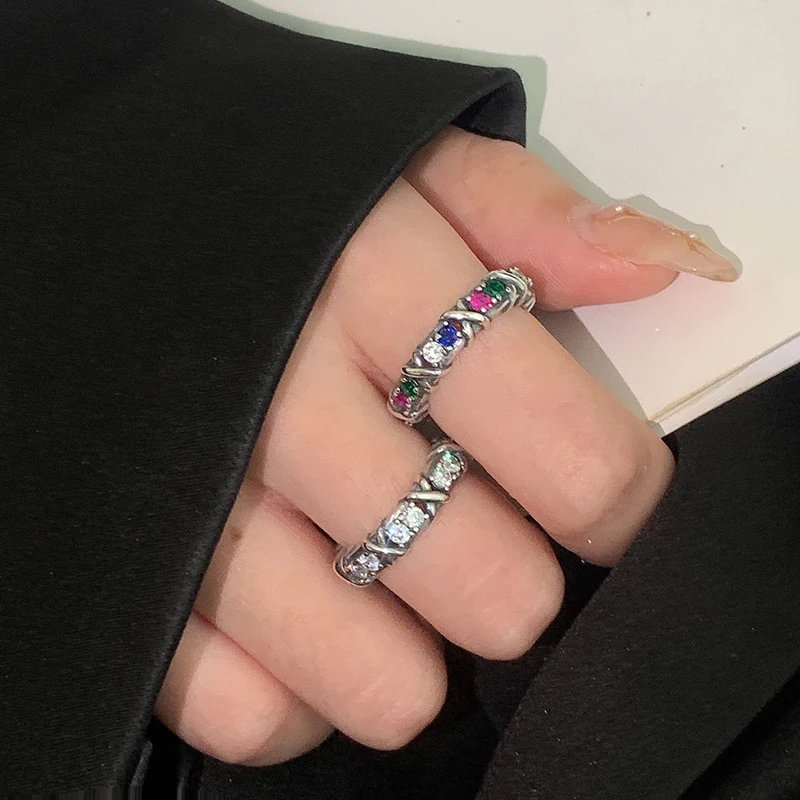 

Korean Fahion Colorful Zircons Rings for Women Vintage Cross Color Diamond Couple Rings Adjustable Wedding Bride Jewelry Gifts