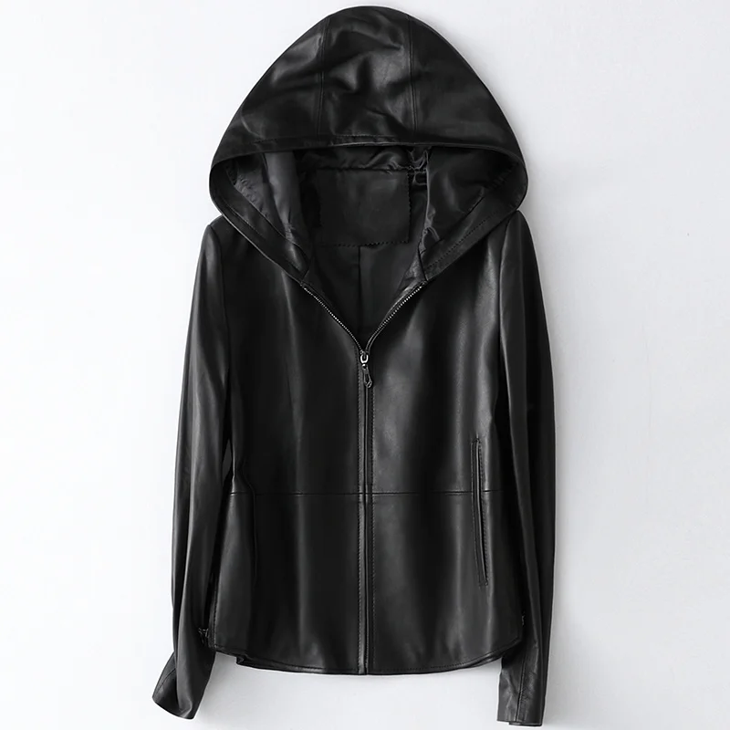 Women 2023 Genuine Spring Leather Hooded Jacket 100% Sheepskin Coat Female Short Coats and Jackets Chaqueta Cuero Mujer Pph4075