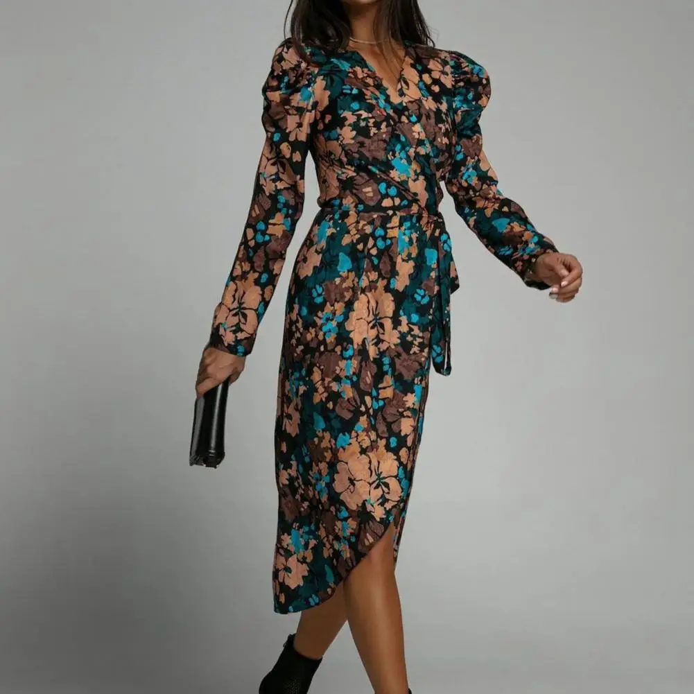 

Women Autumn Dress Split Midi Length Breathable Cross Flower Print V Neck Tight Waist Colorful Women Spring Dress for Dating