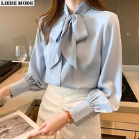 fashion stand collar shirt womens blouse vintage work casual tops chiffon blouse bow tie elegant loose women business shirts