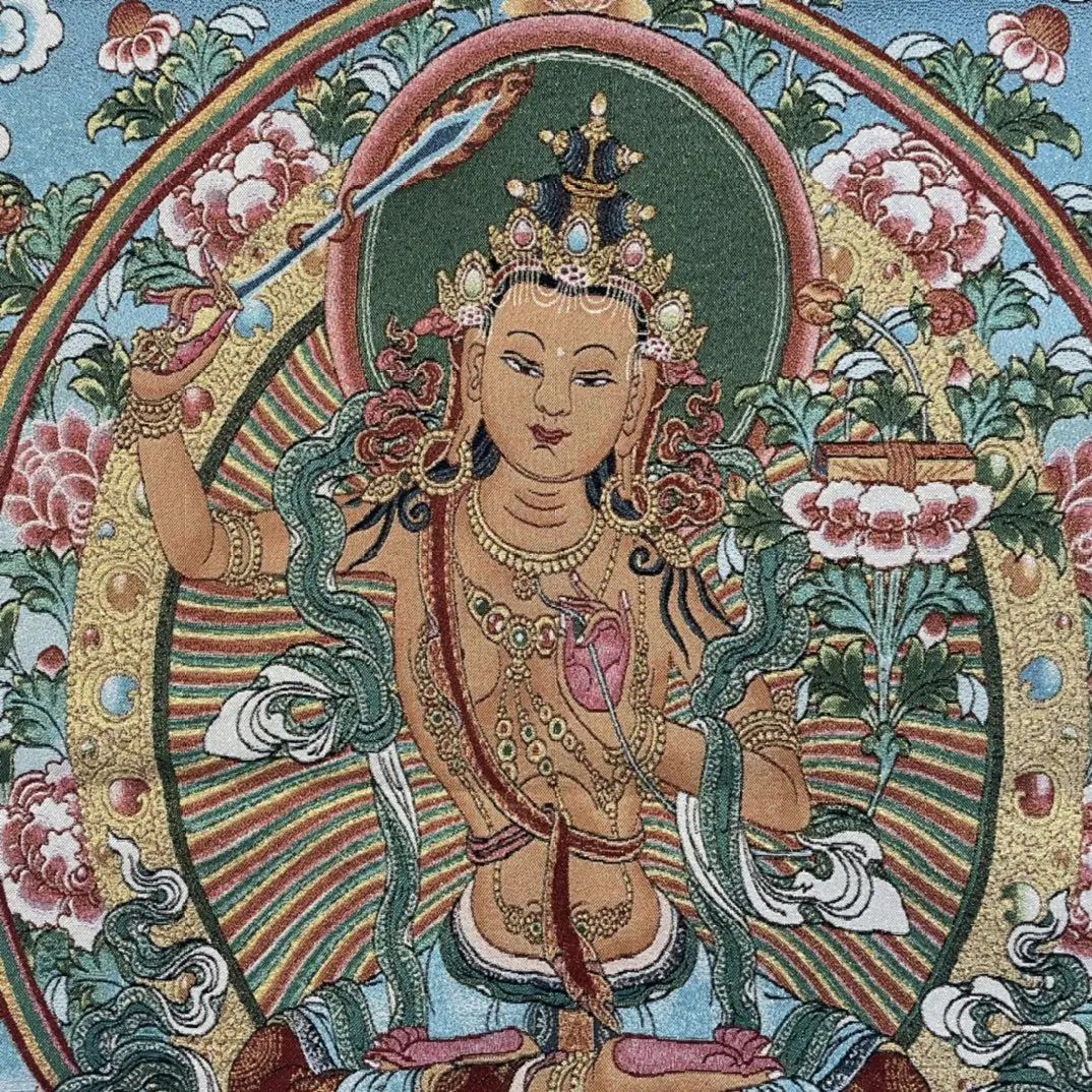35&quotThangka embroidery Tibetan Buddhism silk Embroidery Manjushri Bodhisattva Sitting Buddha Thangka hanging screen