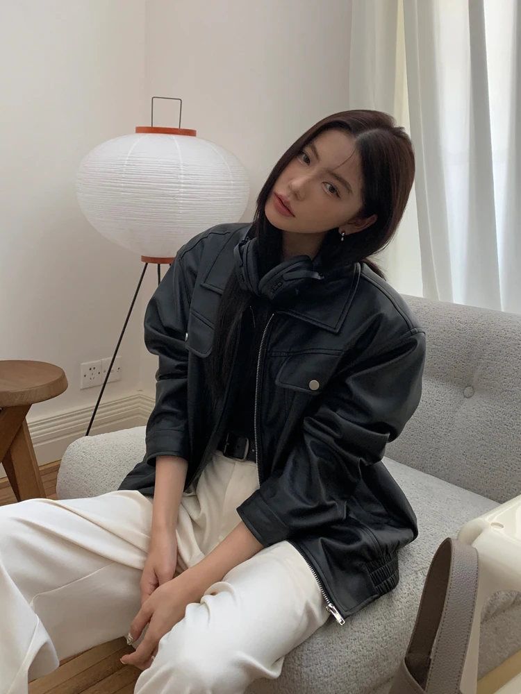 Halo Luu черное кожаное пальто верхняя одежда женская весна и осень 2024 новая