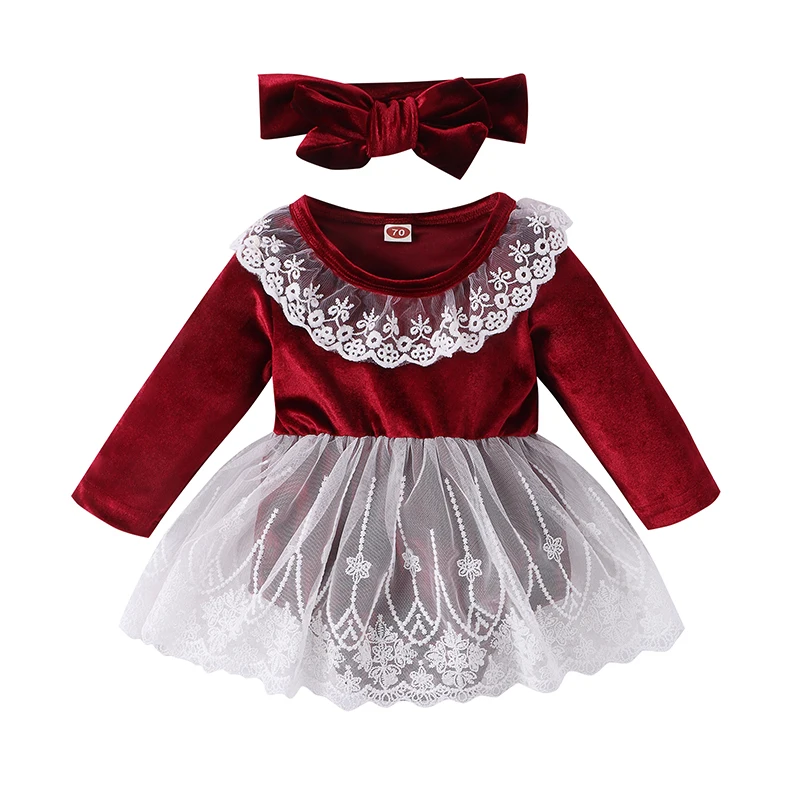 

Baby Girl Winter Romper Dress 2 Piece Sets Long Sleeve Lace Patchwork Cute Christmas Jumpsuit with Headband Infant