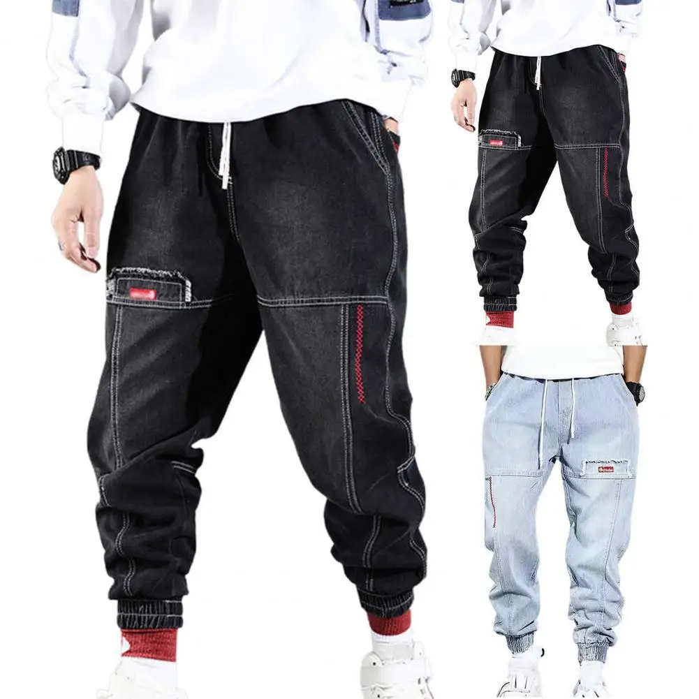 

Men Jeans Solid Color Ripped Elastic Waist Casual Student Trousers for Daily Wear