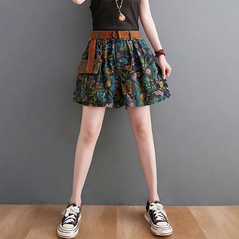 2021 Fashion Streetwear Floral Print Elastic Waist Loose Women Summer Casual Jeans Shorts Female Patchwork Pocket Denim Shorts