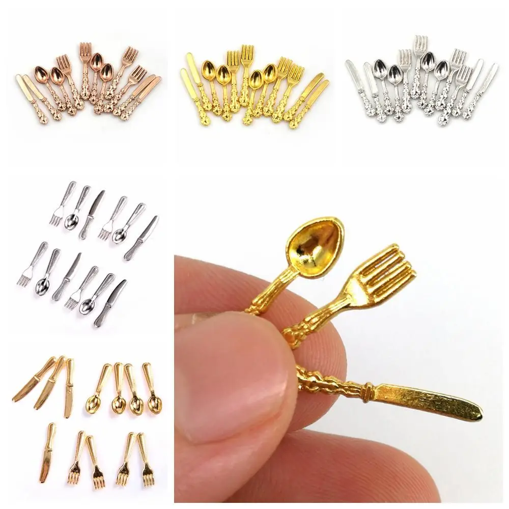 

12PCS Toy Kitchen 1:12 Scale Gold Silver Simulation Mini Cutlery Doll Accessory Miniature Cookware Fork Knife Spoon