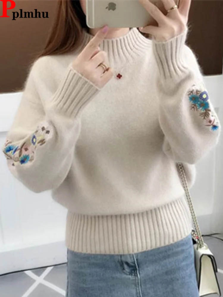 

Embroidery Half Turtleneck Knit Sweater Women's Slim Long Sleeve Tops Winter Knitwear Jumper Korean Fashion Knitted Pullovers