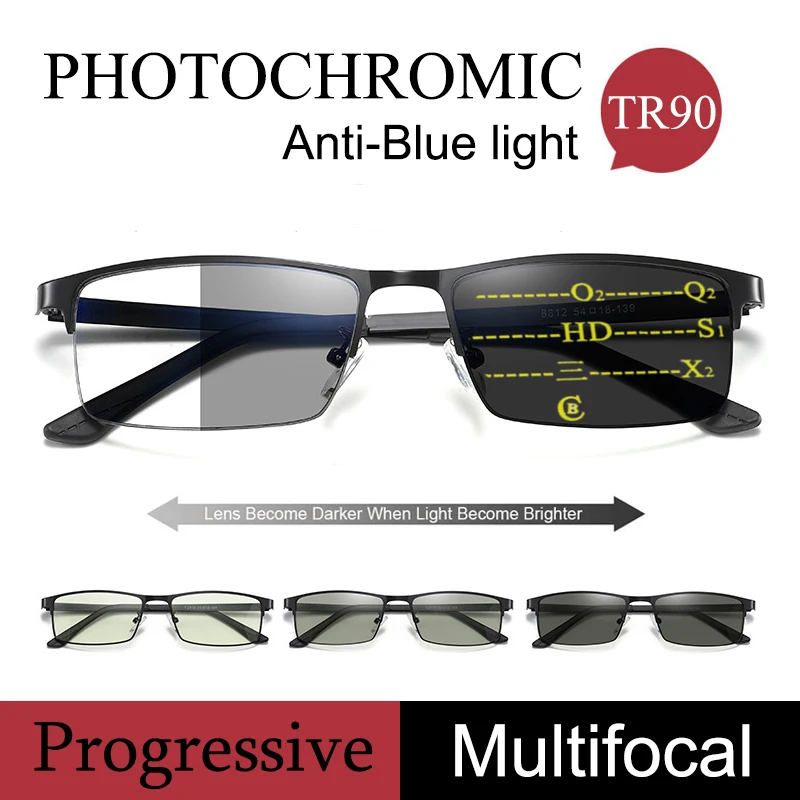 

Sports Photochromic Multifocal Business Reading Glasses Men Women Progressive Anti Blue Light Hyperopia Eyeglasses +1.0 To +4.0