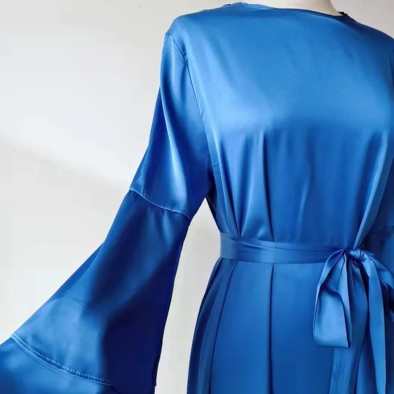2022 New European And American Solid Color Satin Dress Double Layer Flare Sleeve Middle East Muslim Women 'S Robes