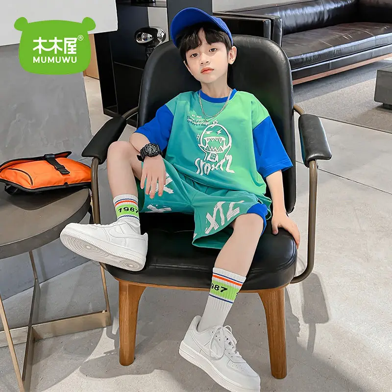 Pure Cotton Boy Sports Short Sleeve Suit Western Style Children's Thin 2022 New Summer Clothes Handsome