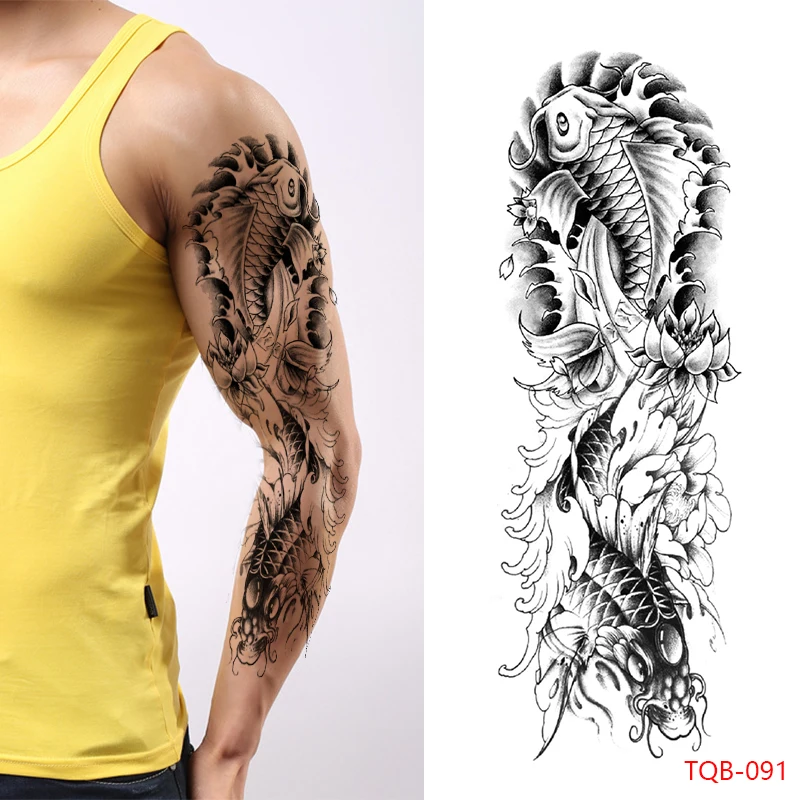 

Большой рукав на руку, временная татуировка, водостойкая, для мужчин и женщин, цветная картина тела, лотос, карп, на всю руку, искусственная т...