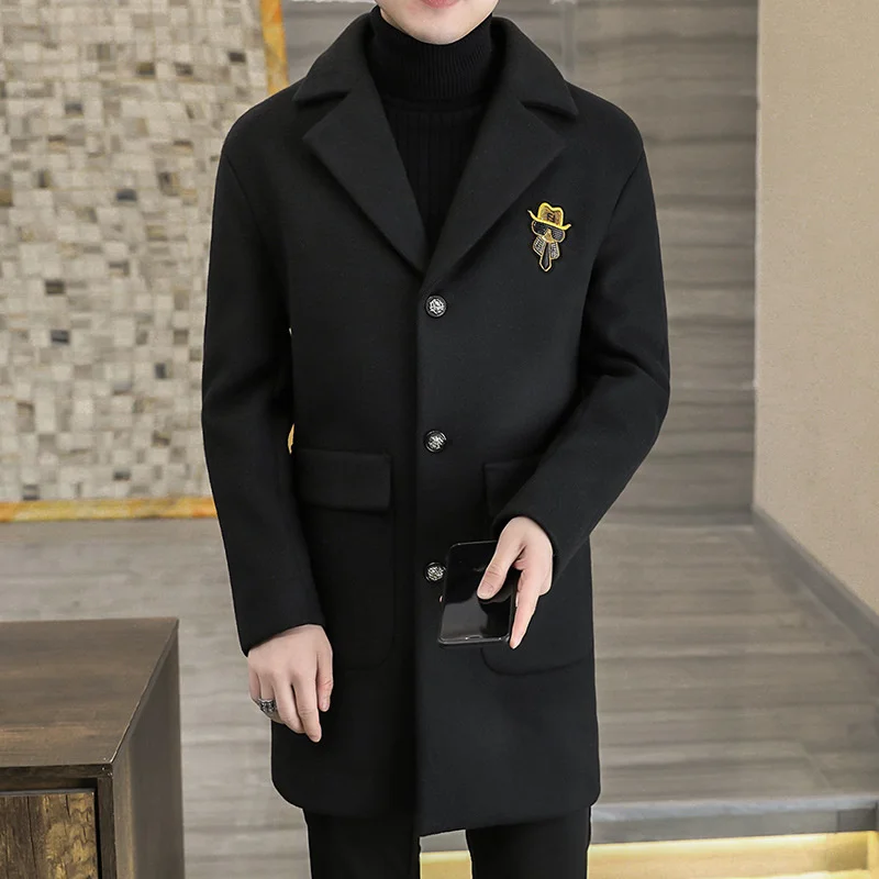 Autumn Winter Warm Male Woolen Trench Coat Men's Clothing Slim Fit Elegant Mid-length Windbreaker Jacket Korean Fashion Overcoat