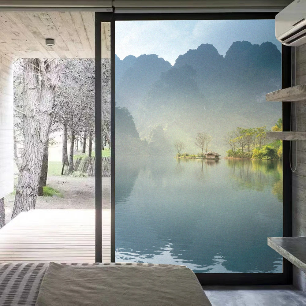 Стеклянное окно матовая пленка для конфиденциальности пейзаж озера стеклянной