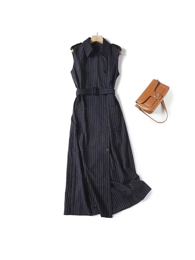 

Women 2023 Winter New Chic Fashion Commuter Wind Pinstripe Midi Dress Vintage Sleeveless Lapel Female Dresses Mujer