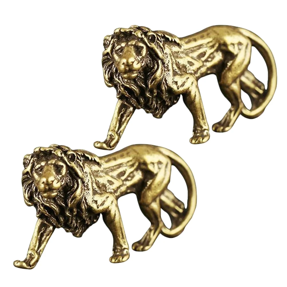 

2 Pcs Metal Keychain Lion Ornament Figurine Tabletop Miniature Adornment Desktop