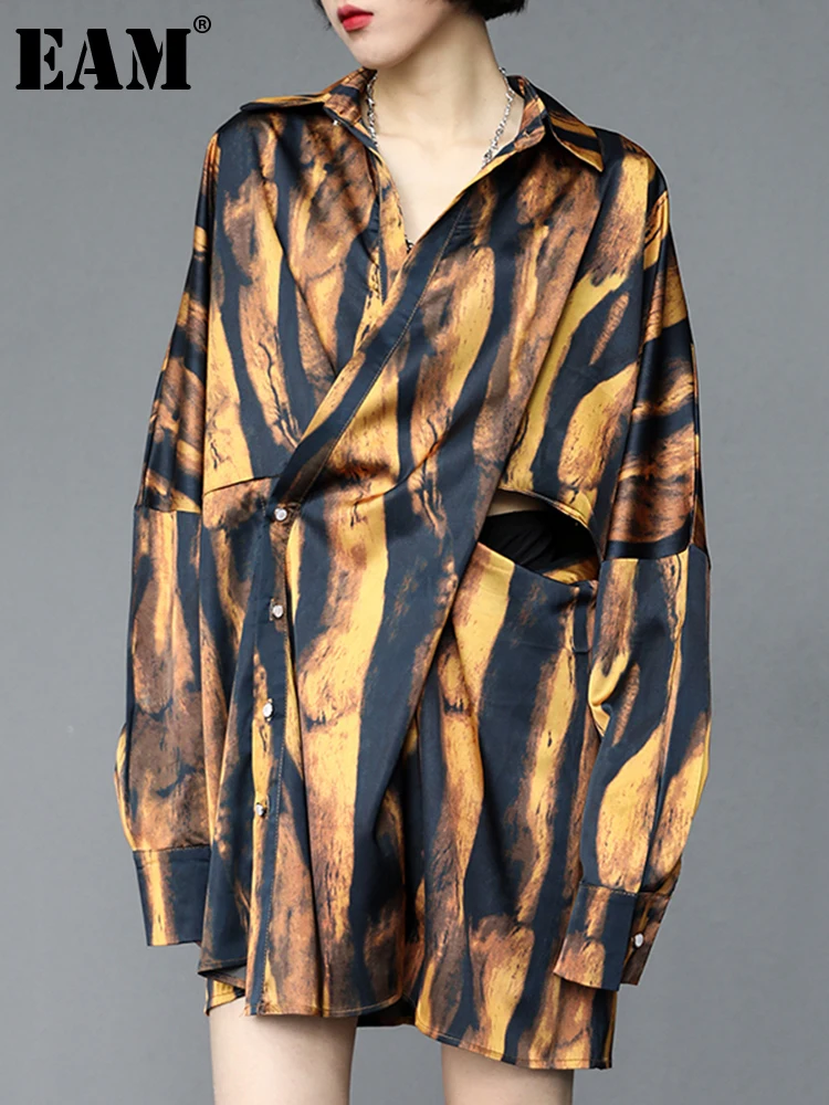 

[EAM] Women Pattern Printed Hollow Out Long Blouse New Lapel Long Sleeve Loose Fit Shirt Fashion Tide Spring Autumn 2022 1DE1939