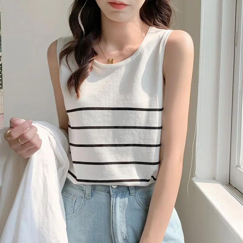 

Yasuk Spring Summer Fashion Stripes Casual Pullover Tess Vest Women's Loose Knitted Top Office Sweater Gentle Sleeveless