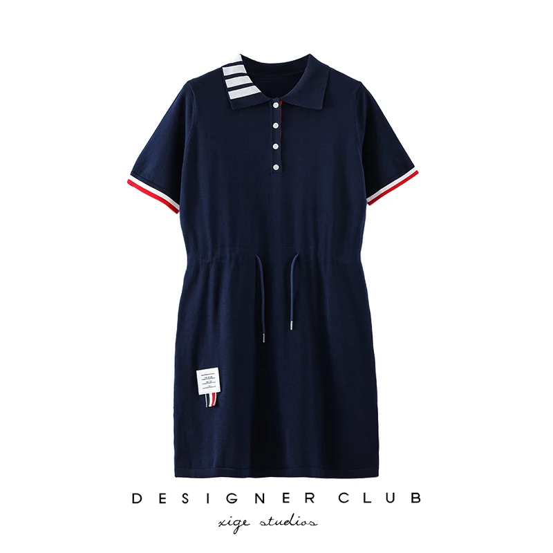 

2023 Summer New TB Polo Collar Academy Style Polo Dress Short Sleeve Waist Wrap Casual Ice Silk Knit Dress for Women