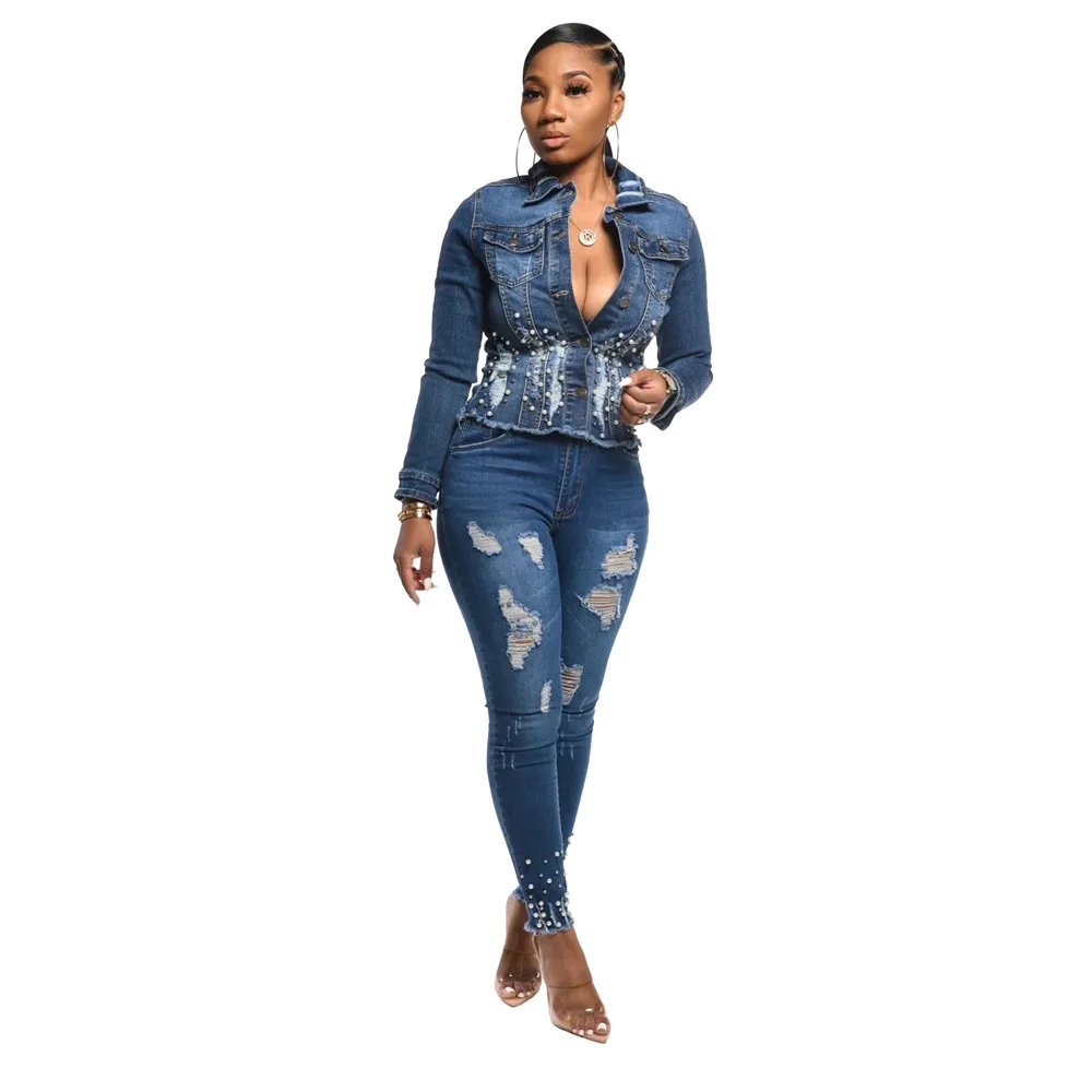 Новое зимнее женское модное однотонное джинсовое пальто с жемчугом приталенное