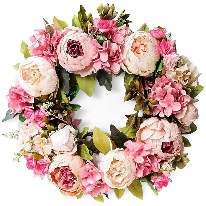 

New Artificial Peony Flower Wreath - 18 Inch Pink Flower Door Wreath Spring Summer Fall Winter Wreath With Green Leaves