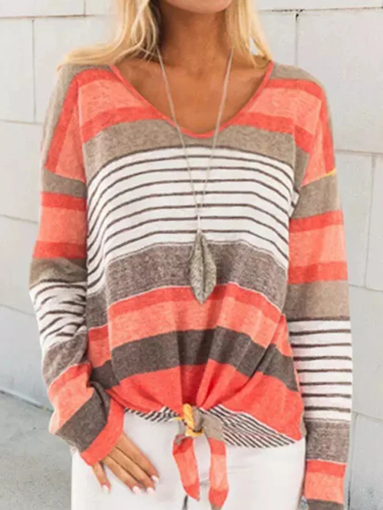 

T Shirt Women Colorful Striped Hem Knotted Long Sleeve Top T-shirts Streetwear Round Neck Spring Summer Women Clothing Casual