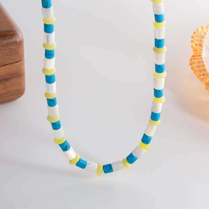 

Minar Bohemia Blue Color Natural Stone Beaded Necklaces for Women 14K Gold Plated Brass White Shell Beads Strand Choker Necklace