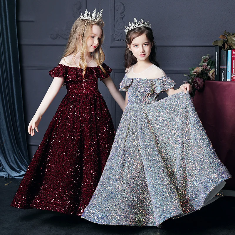 

Children flower girl Dresses Sequins Girls Birthday Princess Dress Host Walk Evening Dress Wedding Piano Performance Clothes