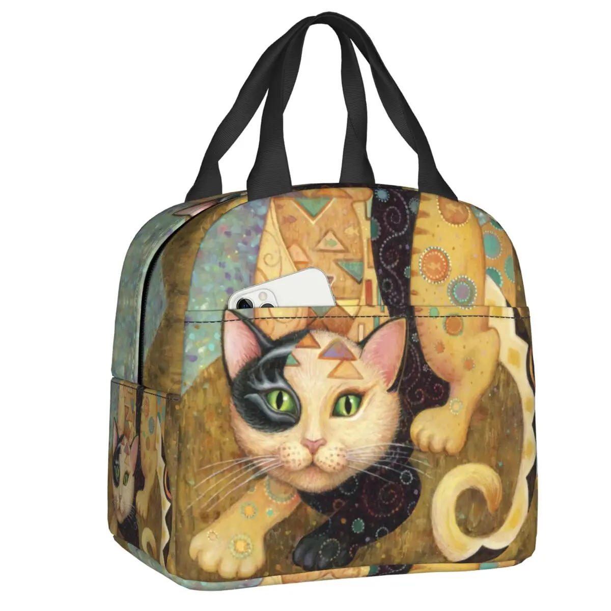 

Изолированная сумка для ланча с изображением кошки и масляной живописи, водонепроницаемая художественная Термосумка Gustav Klimt, Ланч-бокс для женщин, детская школьная сумка-тоут для пикника