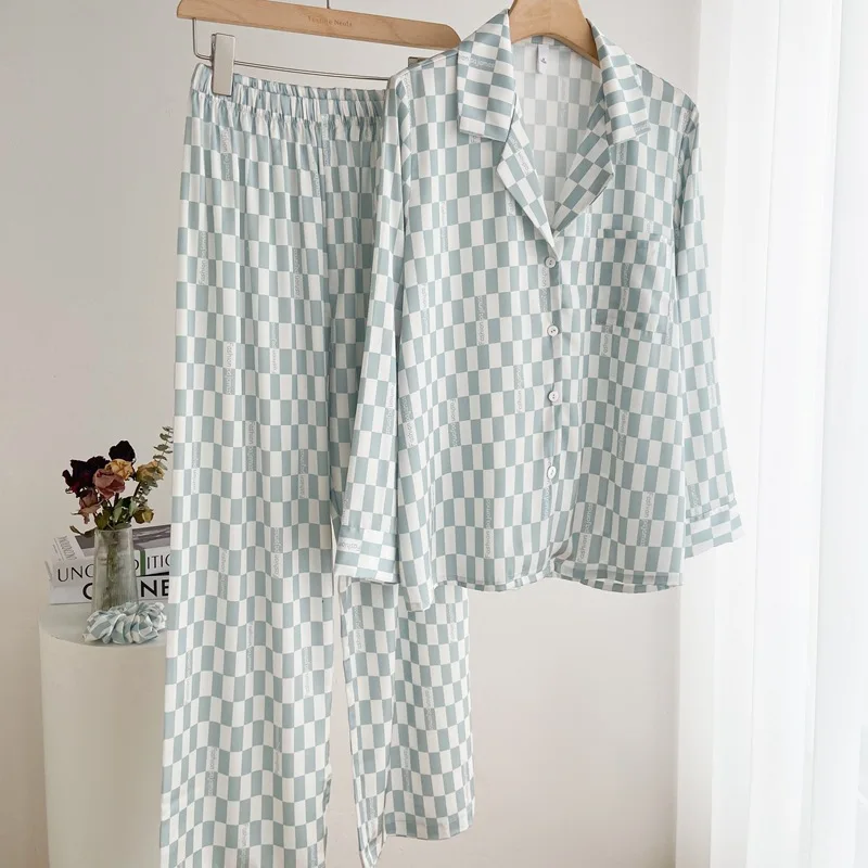 

Женская пижама, одежда для сна, комплект из двух предметов, элегантный клетчатый Пижамный костюм с длинным рукавом и принтом, Весенняя свободная шелковая атласная одежда для отдыха