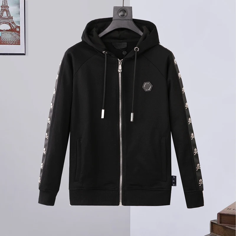 

2022fw sweater men's qp side sleeve webbing skull metal autumn and winter coat pp fashion plein trend cardigan hooded