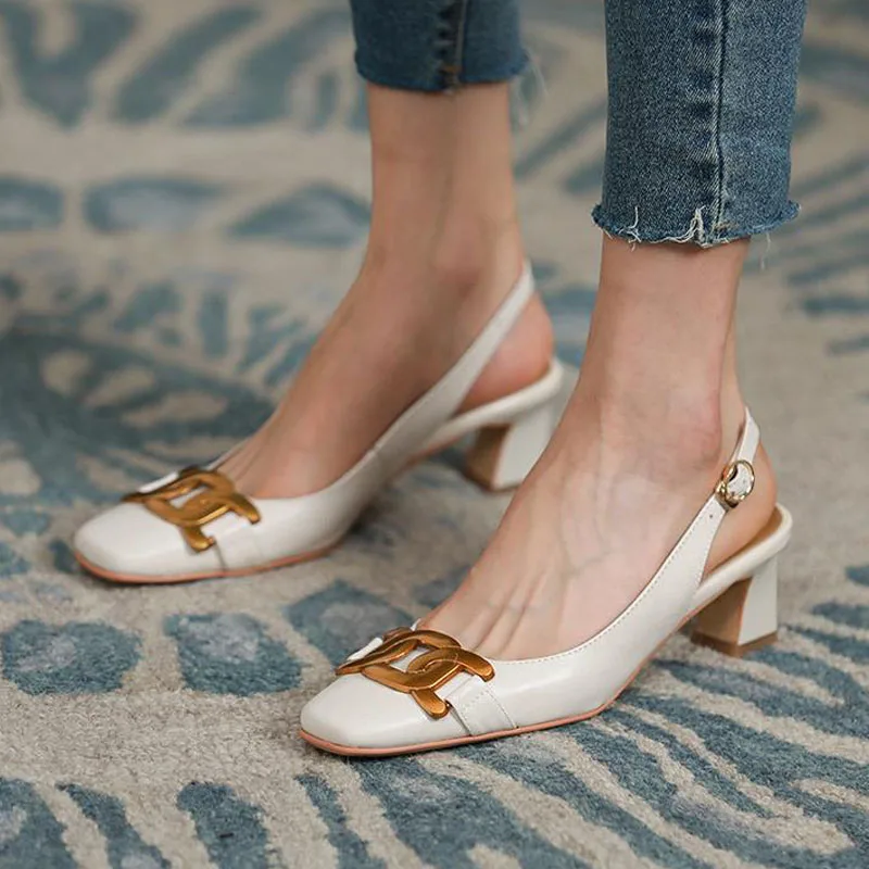 

5cm New Fashion Sandals Square Toe with Matel Button Low Heels Ankle Wrap Casual Women Shoes 38 39